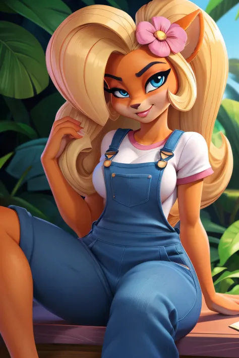 ((ultra quality)), ((tmasterpiece)), coco bandicoot, ((blonde woman)), ((there are only bandicoot ears)), (pink flower in hair),...