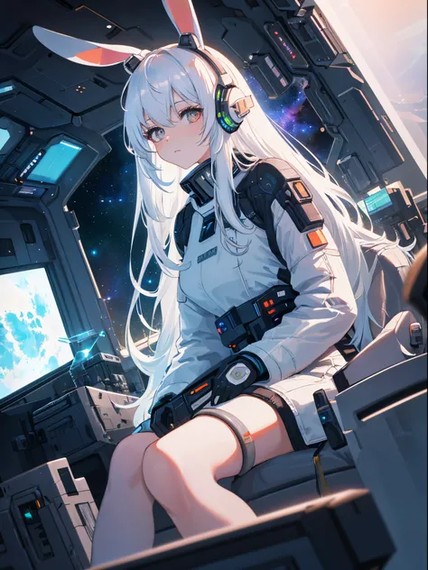 （（best qualtiy））， （（tmasterpiece））， （（ultra - detailed））， （illustratio）， （Detailed light）， （Extremely refined and beautiful）， The spaceship is flying in outer space. A girl with long white hair and bunny ears sits in the cockpit of a sci-fi spaceship and l...