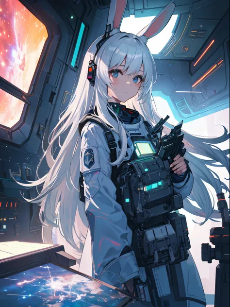 （（best qualtiy））， （（tmasterpiece））， （（ultra - detailed））， （illustratio）， （Detailed light）， （Extremely refined and beautiful）， The spaceship is flying in outer space. A girl with long white hair and bunny ears sits in the cockpit of a sci-fi spaceship and l...