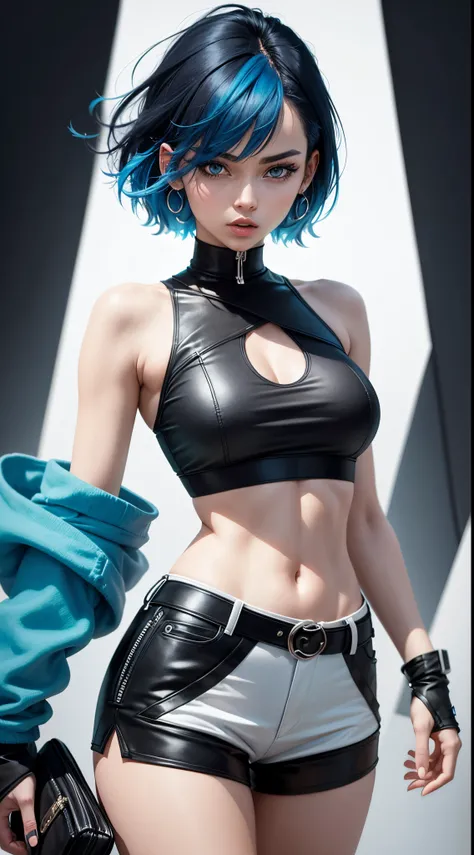 Generate an image featuring a woman with vibrant blue hair, dressed in a white cropped top and black shorts. Place her against a modern 2D background with sleek and contemporary design elements. Emphasize the contrast between her colorful hair and the mono...