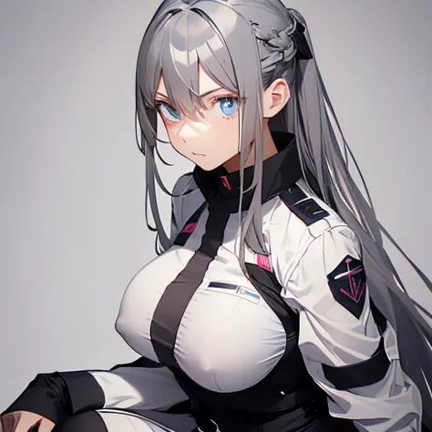 (masutepiece:1.2, Best Quality), 1 girl in, Blue eyes, jet-black hair, Pink inner hair, blue military uniform,(Gray white background:1.5),Full body,Big Breast,