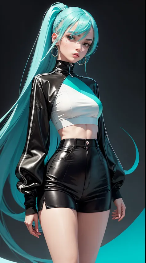 Generate an image featuring a woman with striking teal-colored hair, dressed in a stylish ensemble consisting of a white cropped top and sleek black shorts. Place her against a modern 2D background with a contemporary design, emphasizing the chic contrast ...