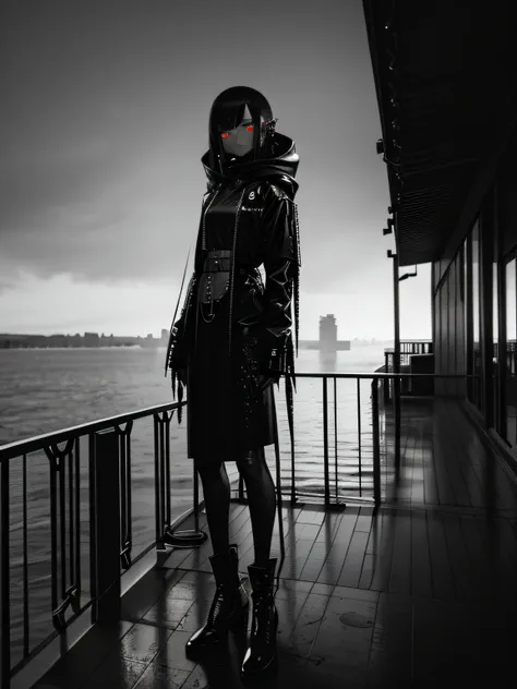 ((dark biopunk horror atmosphere tentacles)), ((beautiful girl in biopunk style)), (dark gray skin), Biopunk clothing, lip piercing, standing on the balcony with tentacles, (tentacle biopunk pier balcony), Cold lighting, marshy gray moor, dark landscape in...