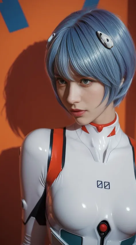 (Best quality at best, Colorful, dynamic angle, highest details)(ayanami rei), Denim style, Fashion photo of sexy blue-haired girl (ayanami rei), detailed red eyes, Shin Evangelion&#39;White suit details (high resolution texture), dynamicposes, bokeh, (Com...