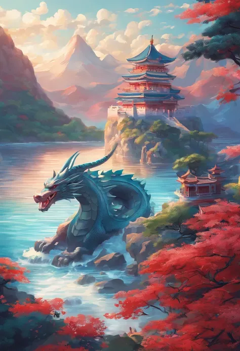 movie picture quality，style of disney animation，A dragon plays games in the sea with a koi carp in its arms，Year of the Dragon IP，glass in sky，Chinese dragon with hat，red colour，depth of fields，to emphasize，Real light，ray traycing，oc rendered，hyper realisi...