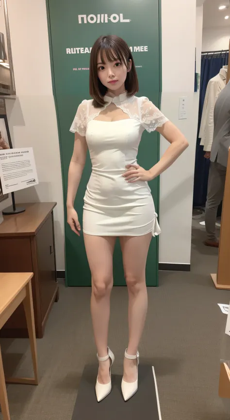 of the highest quality, Idol with slender body, front facing, Well-proportioned body, Exhibited, Event Hall, Moe Pose, White Maid Dress, Standing with legs open, Hands on hips, Model body type