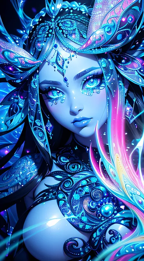 Black_light paint art, Black_light style, seductive beauty, cool and twister, Crystals shine and overflow, create a fantastic illusion, Emits fire, water, and flashes, Mysterious beauty, elegant twist, Swirls and sparkling glass, dazzling cyber fairy, (((h...