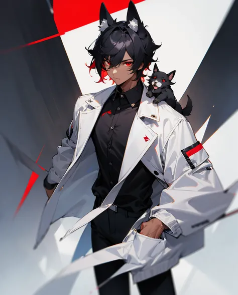 Black hair with dog ears, tanned skin, twink, black shirt with a white jacket, black pants, red eyes, fluffy shirt hair