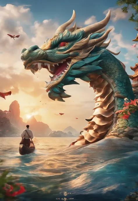 movie picture quality，style of disney animation，A dragon plays games in the sea with a koi carp in its arms，Year of the Dragon IP，glass in sky，Chinese dragon with hat，red colour，depth of fields，to emphasize，Real light，ray traycing，oc rendered，hyper realisi...