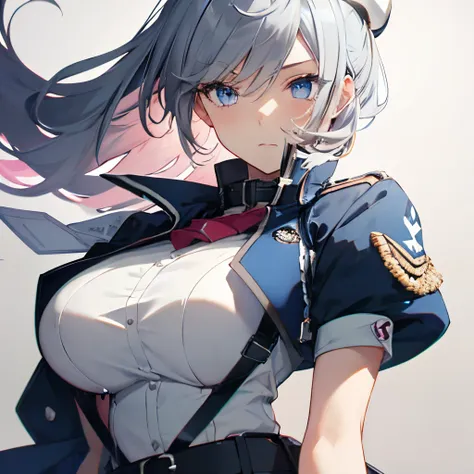 (masutepiece:1.2, Best Quality), 1 girl in, Blue eyes, jet-black hair, Pink inner hair, blue military uniform,(Gray white background:1.5),Full body,Big Breast,Sword,