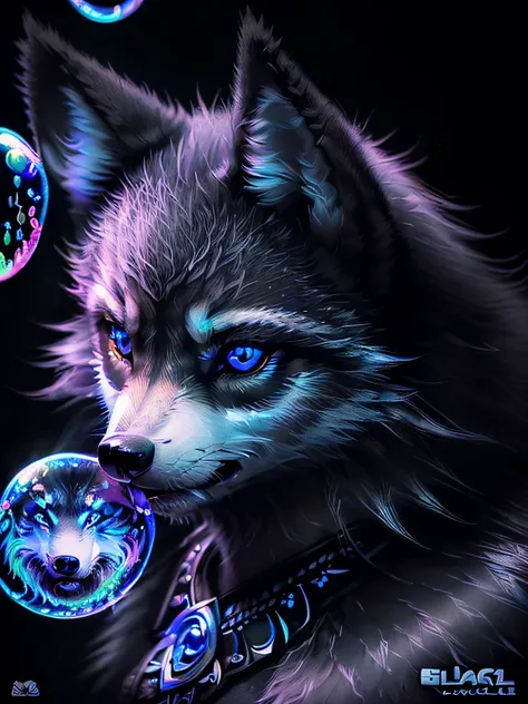 (((Black Light Art:1.3))), (((the cutest little wolf pup face:1.3))), Black light glow with beautiful details, amazingly beautiful soft fur, Beautiful face, From Side, highly intricate detail, intricate detailes, (((Powerful with intense pop bubble backgro...