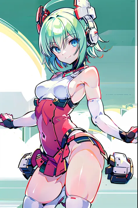 1 girl, white tank top, mecha headgear, short hair, green hair, big blue eyes, small breasts, black elbow gloves, red miniskirt,...