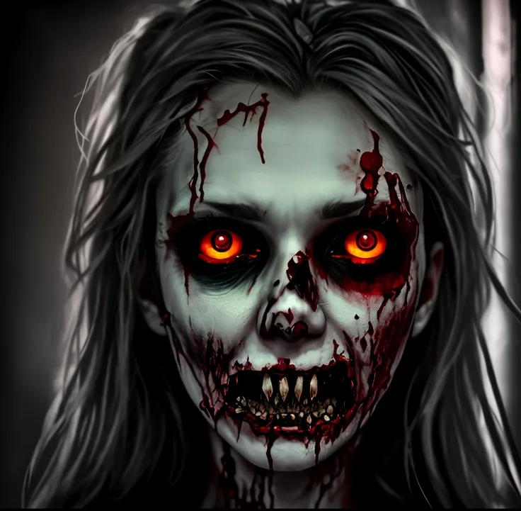 a close up of a person with a bloody face and long hair, hauntingly beautiful zombie, zombie with white eyes, beautiful zombie, zombie face, evil zombie, evil dead face, portrait of a zombie, scary look, undead facial features, zombie, zombies, zombified, ...