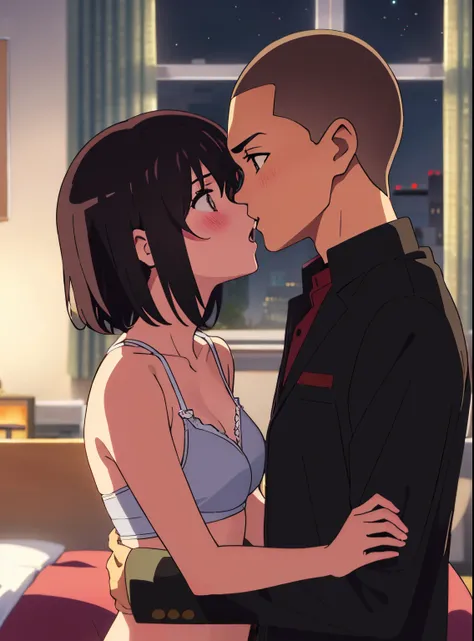 shinkai makoto, kimi no na wa.,1boy, buzzcut,nude, boy is front of girl, passionate hug, face press on the chest, sniffing chest, kiss chest, 1girl, bangs, black hair, blush, brown eyes, worried eyes, indoors, short hair, open mouth, mpink bra, medium brea...