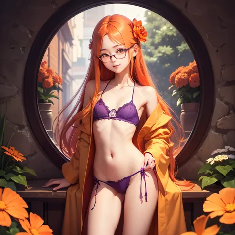 Orange long hair、hime-cut、Golden Eyes、eye glasses、ssmile、early teenage girls、flat chest、Thin pubic hair、Beautiful open legs、Red bathrobe、Purple flower garden