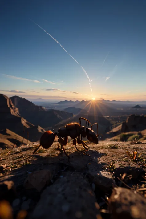 ant on a beautiful background in 4k, dawning, beautiful realistic ant