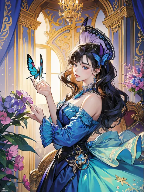 Butterfly motif、indigo keynote speech、Vibrant colors、((​masterpiece)))、(((top-quality)))、((ultra-detailliert))、(A hyper-realistic)、(highly detailed CGillustration）、Official art、Athens in the early 20th century、Decadent、Madame Papillon、Cool Beauty、Masquerad...