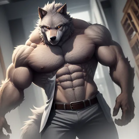 one huge muscled werewolf with grey fur in a smart suit