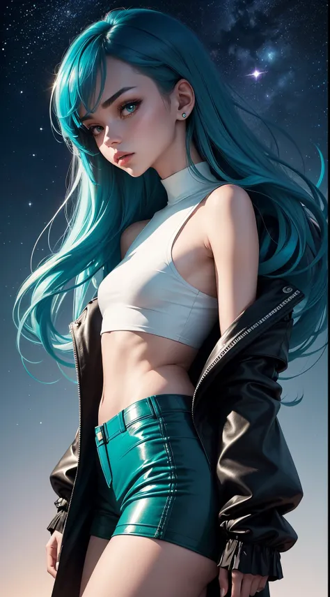 Generate an image featuring a woman with diverse characteristics, including mesmerizing teal-colored hair, a fashionable white cropped top paired with sleek black shorts. Capture the scene from a low-angle perspective, showcasing the night sky filled with ...