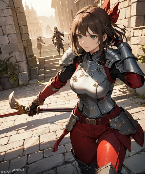 female knight, short brown hair, green eyes, metal bow on her head, heavy armor, red pants, silver greaves, holding a heavy long sword, RPG game environment, sword art online style.


best quality, ultra-detailed, vivid colors, realistic, high resolution, ...