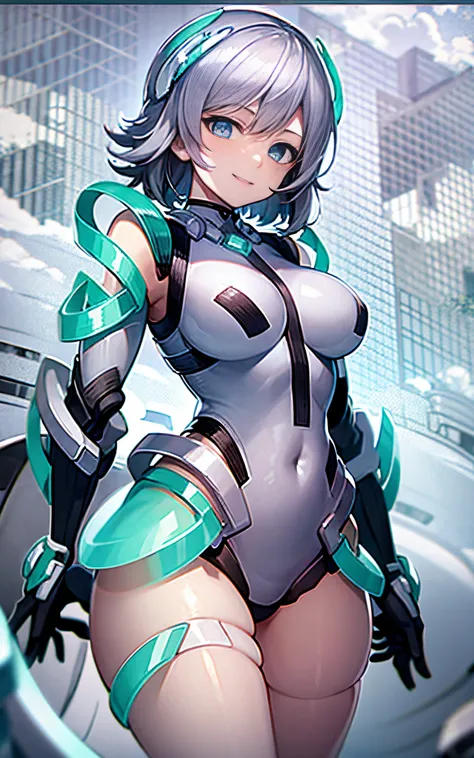 lightsmile, deva battle suit, outdoors, silver hair, bobhair, blue eyes, waist shot