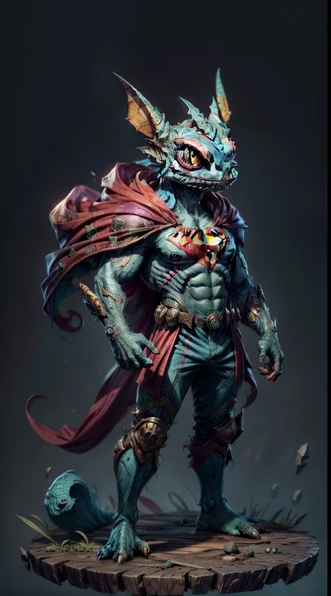 There is a chameleon wearing a superman costume, Full body shot, Lindo arte digital detallado, Adorable pintura digital, Lindo arte digital, lindas ilustraciones detalladas, Linda criatura del bosque, furry fantasy art, Teemo, Teemo de League of Legends, l...