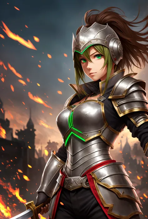 female knight, short brown hair, green eyes, metal bow on her head, heavy armor, red pants, silver greaves, holding a heavy long sword, RPG game environment, sword art online style.   best quality, ultra-detailed, vivid colors, realistic, high resolution, ...