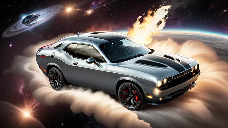 Grey Dodge challenger flying in space