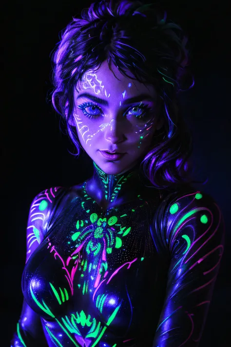 (black light painted on girl&#39;s face:1.3, close up black light), (masutepiece:1.3), (8K), (Best Quality:1.4), (nffsw:1.2), (Photorealistic:1.3),(Raw photography), (1girl in), (ultra high detailed), (Detailed face), Very perfect beautiful and cute face, ...