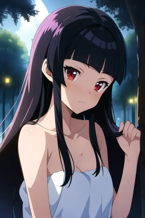 Rei hino, 2D anime, 1 girl, solo, long_hair, looking_at_viewer, bangs, black_hair, bare_shoulders, red_eyes, ,closed_mouth, collarbone, upper_body, outdoors, tree, night, towel, nature, covering, night_sky, forest, hair_down, dark, anime_coloring