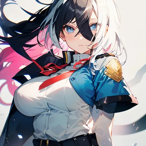 (masutepiece:1.2, Best Quality), 1 girl in, Blue eyes, jet-black hair, Pink inner hair, blue military uniform,(Gray white background:1.3),Full body,Big Breast,Sword,