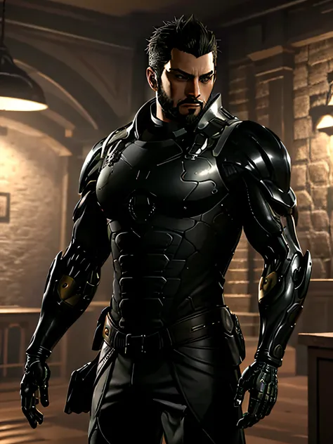 Unmasked Talojiadamjensen wearing armor in a room, papel de parede, intrincado, rosto e olhos intrincadamente detalhados, foco nítido, RTX, realistic body proportions, bem desenhado, master part, ultra detalhado, alta qualidade, best quality, 4k, 8k