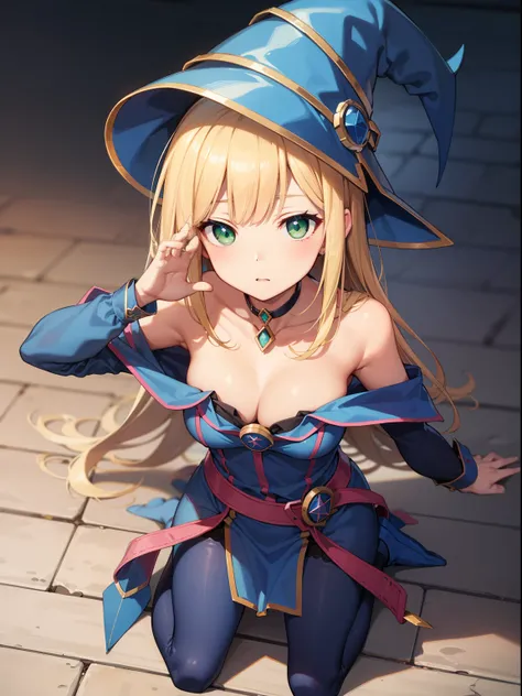 Dark magician girl, Dark Magician Girl, Blonde hair, Choker, (Green eyes:1.5), Long hair,
BREAK bare shoulders, blue footwear, blush, blush stickers, cleavage, 鎖骨, duel monster, hat, off shoulders, pentacle, Wizard Hat, (Blue clothes:1.5),
BREAK looking at...