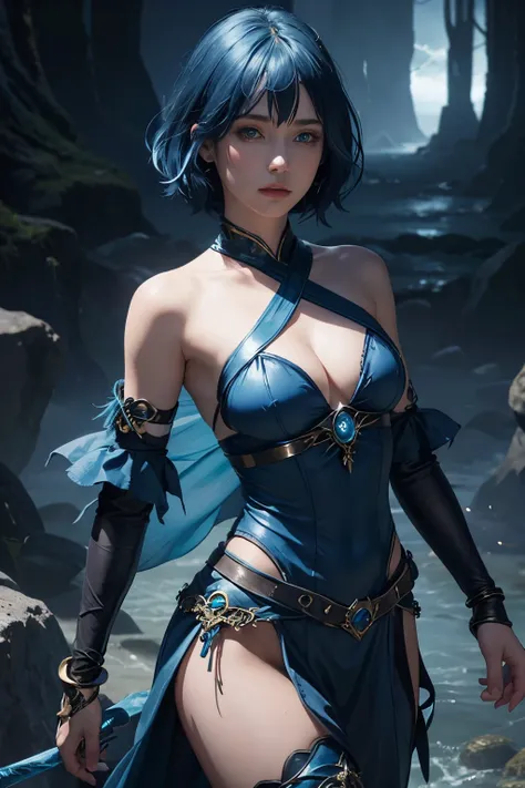 Female ocean sorceress,dark blue and blue hair,short hair,blue eye,dark blue and blue costume,fantasy costume,open shoulder,armband