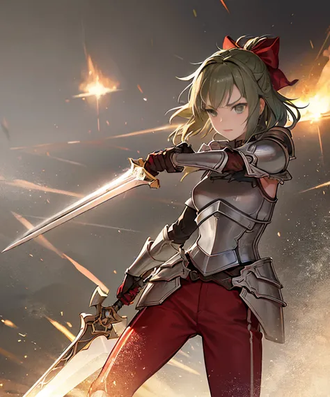 female knight, short brown hair, green eyes, metal bow on her head, heavy armor, red pants, silver greaves, holding a heavy long sword, RPG game environment, sword art online style.


best quality, ultra-detailed, vivid colors, realistic, high resolution, ...