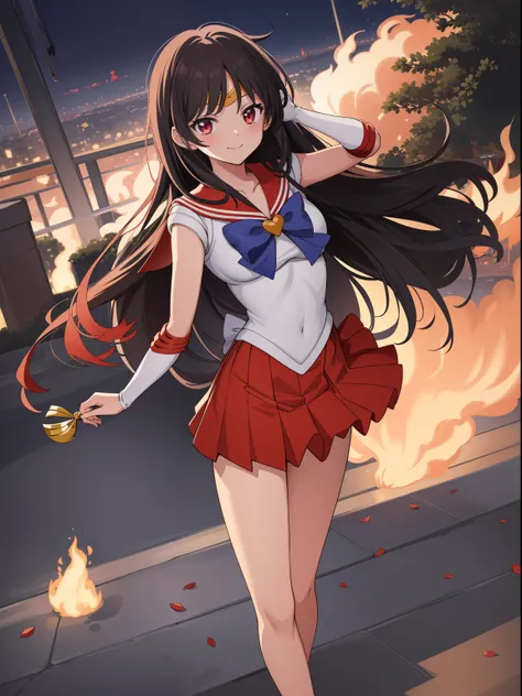 masutepiece, Best Quality, absurderes, perfect anatomia, 1girl in, Solo, SMmars, Very long hair, Parted bangs, Sailor Senshi Uniform, Red sailor collar, Red skirt, elbow groves, Standing, Cowboy Shot, Smile,[Cartoon flame on background],((Night view,city l...