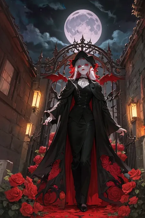 Masterpiece, highest quality, 8K HD, 1 pale red head, ghoulish make-up, white streak in hair, dress suit, Scary atmosphere, Gothic,(Night :1.8), weird expression,(Graveyard :0.8), (Exquisite European-style iron gate :1.4), full of thorns and roses, under t...