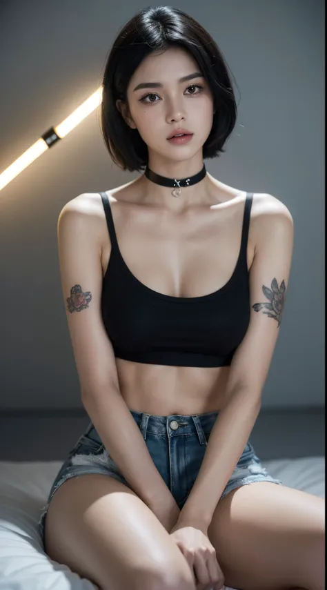 Generate an image of a woman with short black hair, adorned with tattoos on her arms, wearing a choker, cropped top, and short shorts. Capture the details of the accessories, emphasizing the style and attitude they bring to her appearance. Maintain the con...