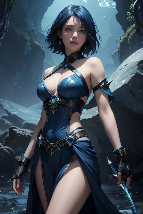 Female ocean sorceress,dark blue and blue hair,short hair,blue eye,dark blue and blue costume,fantasy costume,open shoulder,open waist,armband