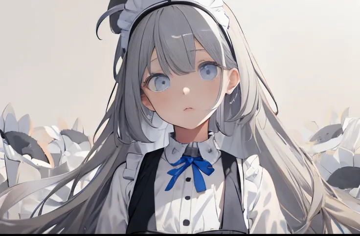 【Highest Quality, masutepiece】 [girl, expressioness, Cerulean eyes, very long hair,stare at each other,Shy face,boyish,maid clothes,Apron Dresses,frilld Upper body] (Gray white background:1.7), Surprised,large full breasts