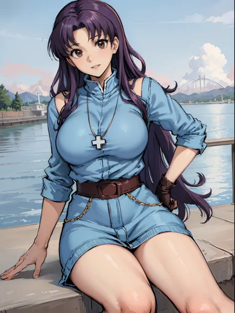 (masutepiece),(best quality), katsuragi misato,  brown eyes,  cross necklace,  on a bridge, close, outside, the distant japan ca...