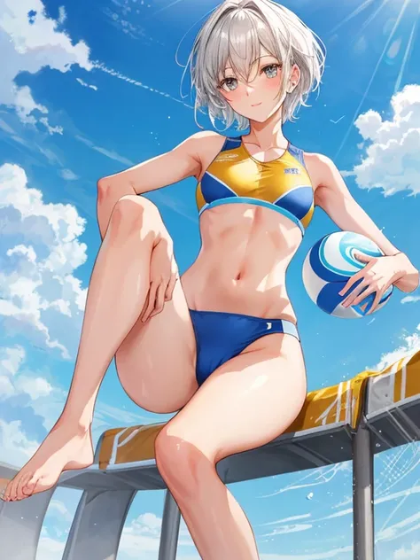 //Character 1girl, track and field athlete, perfect body, slim curve, skinny body, ultra detailed face, super beautiful, innocent, cute girl, thin eyeblow, rond face, smiling full of compassion, half opened mouth, kissing face,beautiful short hair, tying u...