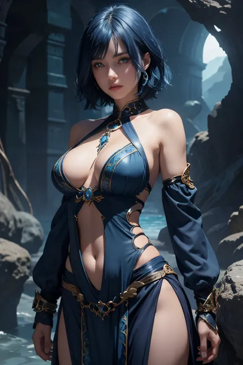 Female ocean sorceress,dark blue and blue hair,short hair,blue eye,dark blue and blue costume,fantasy costume,open shoulder,open waist,armband