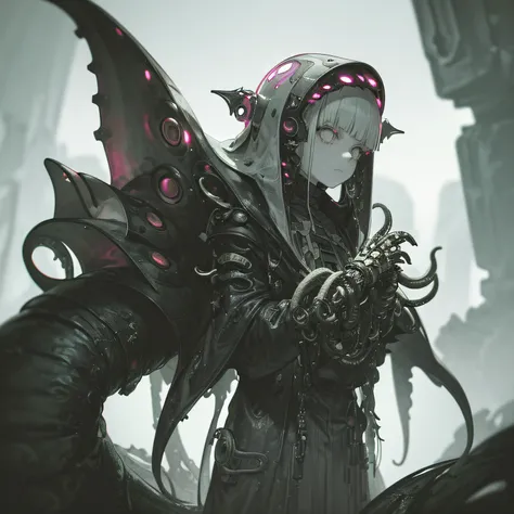 (((dark tentacle biopunk))), ((dark biopunk girl)), hair light, ((a lot of long closed clothes)), biopunk cape-shaped clothing, iron visor, (Closed posture), hands together, Sits, Cold lighting, abandoned landscape in biopunk style, (Contempt for video gam...