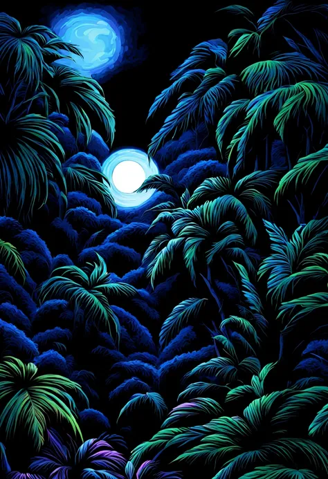 ((black light art)), (black light style digital painting), night jungle against the backdrop of the moonlit sky, higly detailed, hight resolution, black light and art, UV sensitive, tmasterpiece, incredibly beautiful