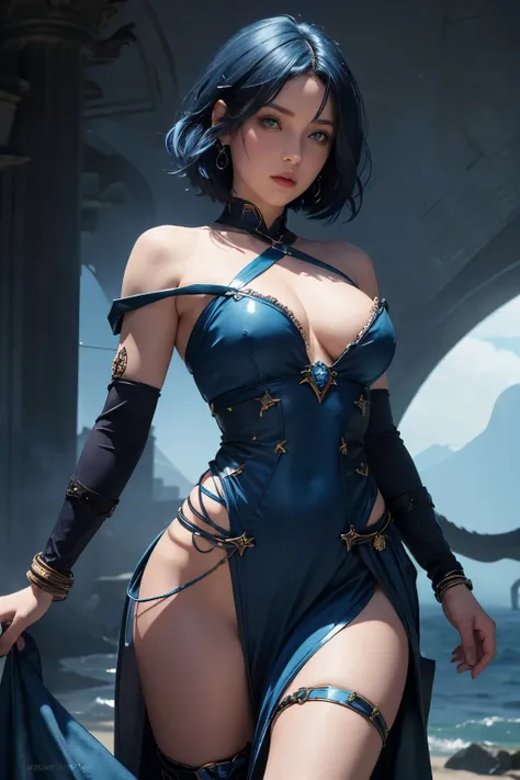 Female ocean sorceress,dark blue and blue hair,short hair,blue eye,dark blue and blue costume,fantasy costume,open shoulder,open waist,armband