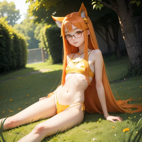 Orange long hair、hime-cut、Golden Eyes、eye glasses、ssmile、early teenage girls、flat chest、Thin pubic hair、Beautiful open legs、grass field