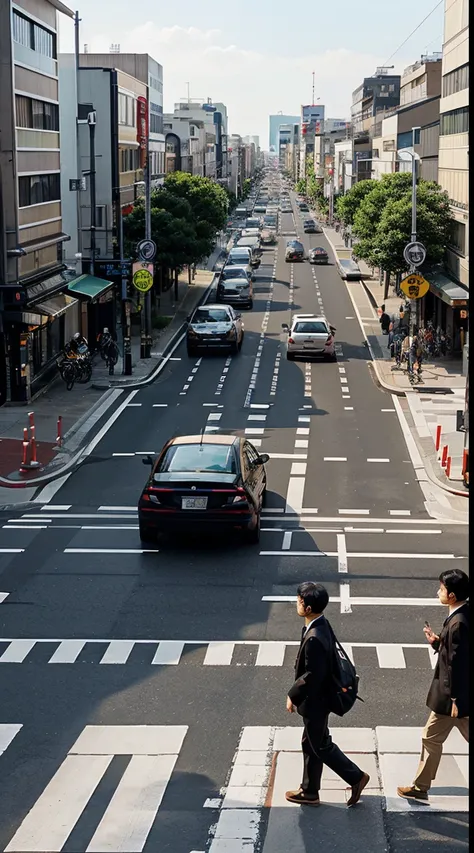 Craft a detailed illustration depicting the varied scenarios of pedestrians crossing streets freely under the unique Japanese traffic rule.