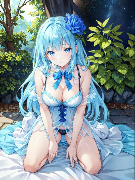 blue rose fairy kisses the flower. That fairy is smaller than a flower. The neat costume gives off a mysterious luster. flower  field, Natural light,(Best Quality), (masutepiece:1.3), Ultra-detailed, Best Quality, masutepiece, (Game CG:1.4), NSFW, Detailed...