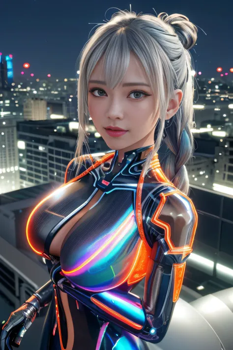 Cyber City at Night,(Gorgeous night view illumination:1.3),(Stand on the roof of a building:1.3)The actress is a very beautiful adult woman...(Sexy super shiny orange transparent holographic mechanical cyberpunk suit:1.3) ,(Mechanical suit that lights up w...